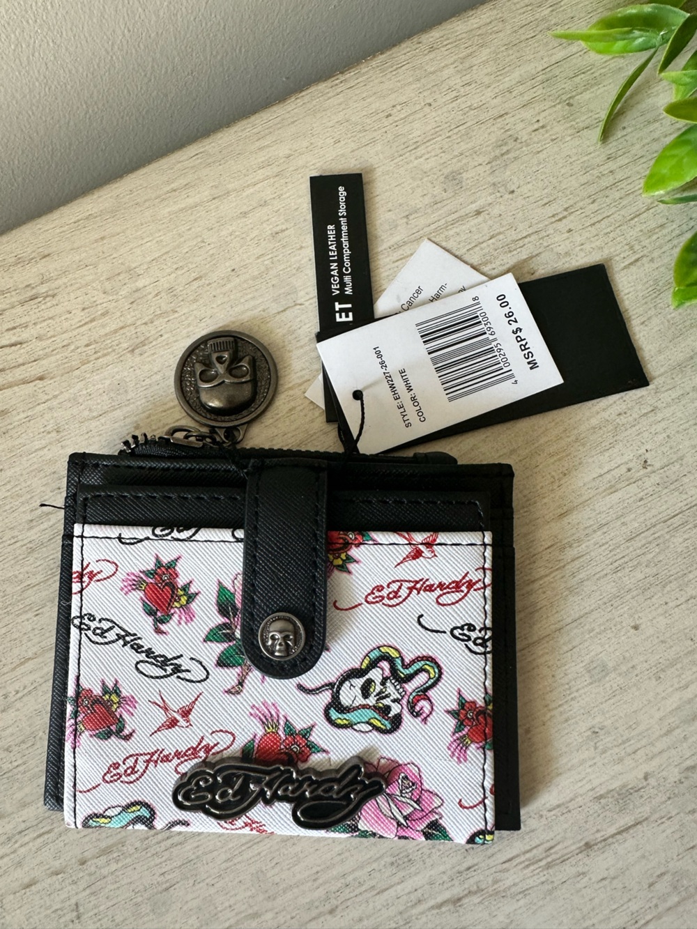 Ed Hardy White Floral Logo Bifold Card Wallet